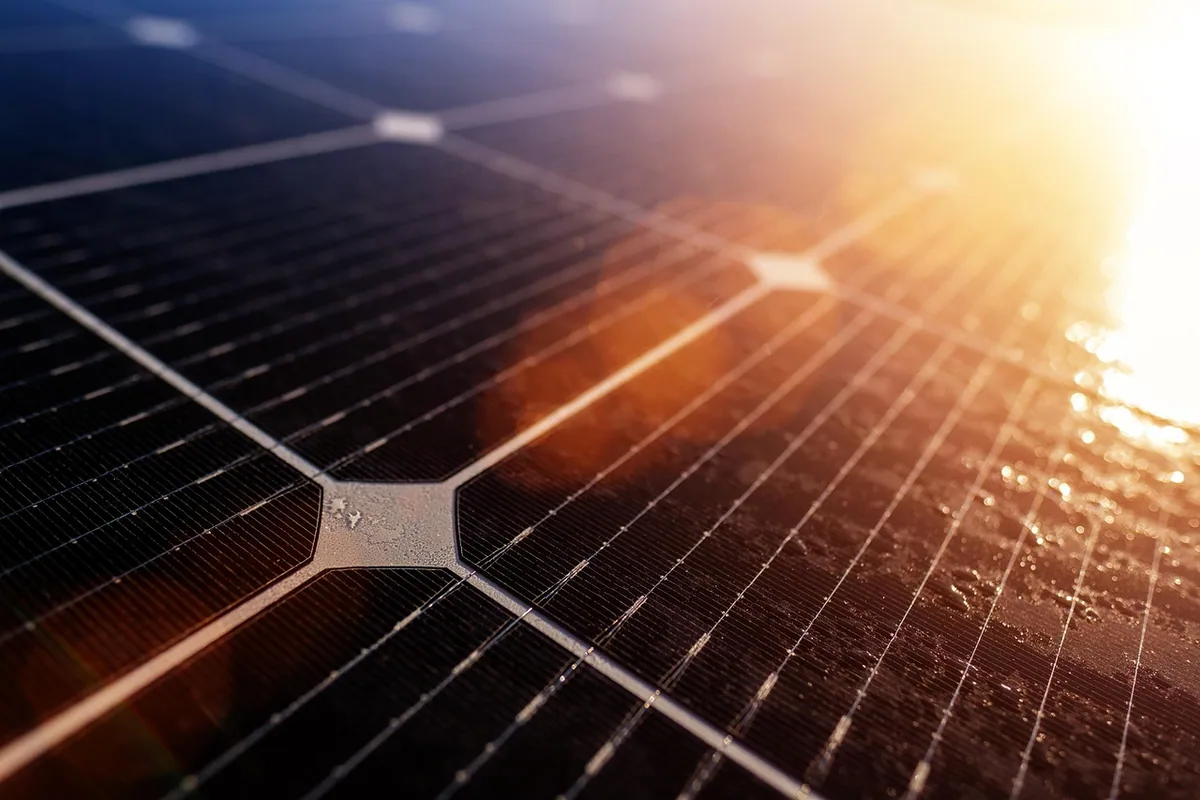 Primer plano de las células oscuras de un panel solar monocristalino, con el reflejo del sol
